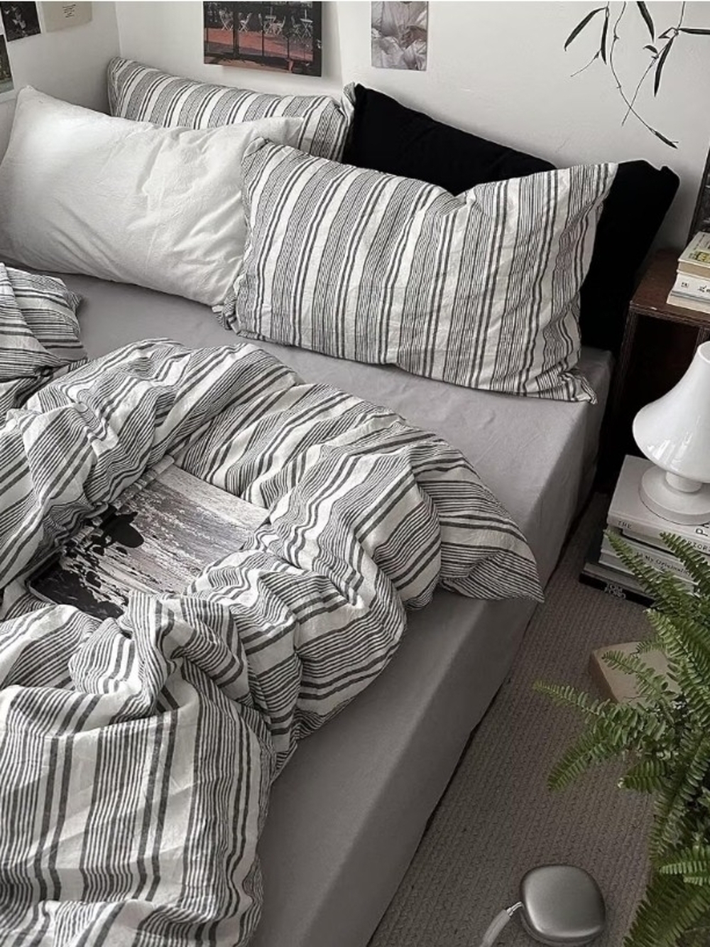 Striped Gray and White Bedding Set - Minimal Cotton Duvet Cover & Pillowcases